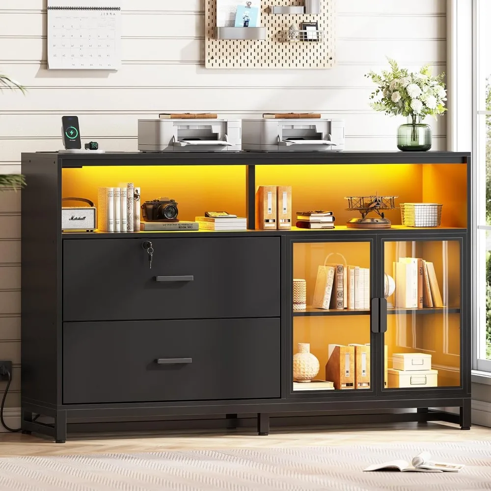 

59" File Cabinet, 2 Drawers Filing Cabinets for Home Office fit Legal/Letter/A4 File, File Cabinet with Lock & Power Outlets, P