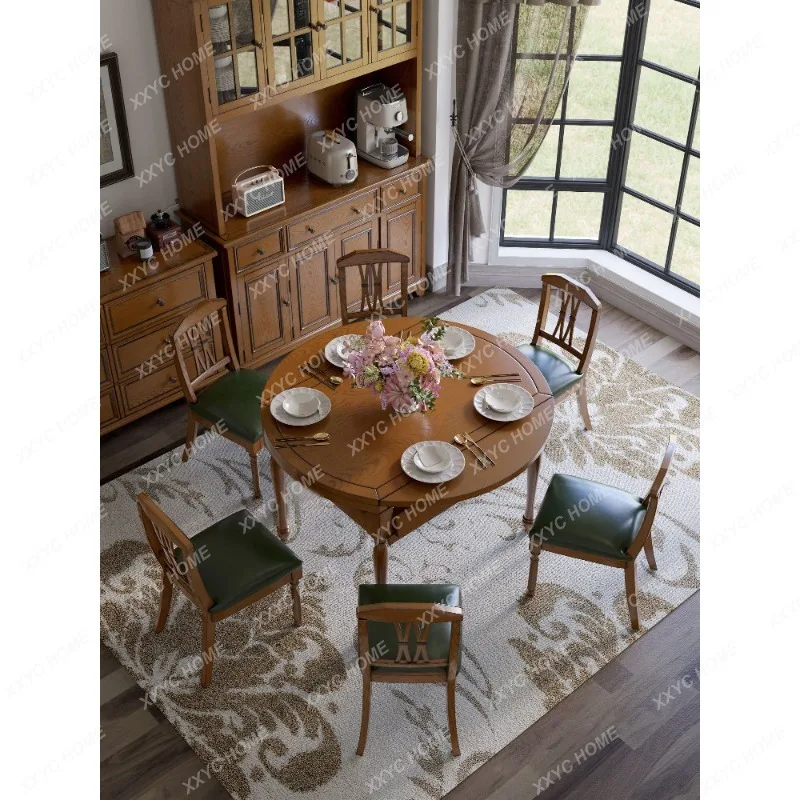 Telescopic solid wood dining table variable round table restaurantfor homefoldable dual-purpose retro dining table