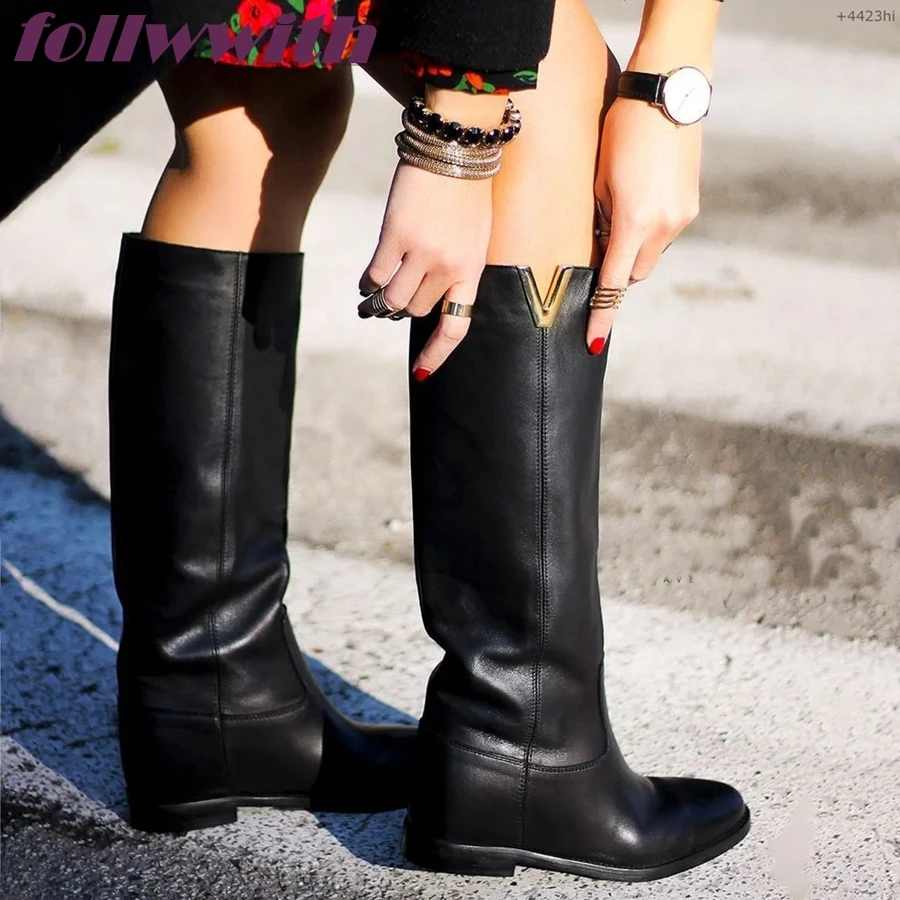 Leather  Knee High  Woman Boots New Brand Metal Decoration Solid  Designer Catwalk Concise Round Toe Winter Shoes