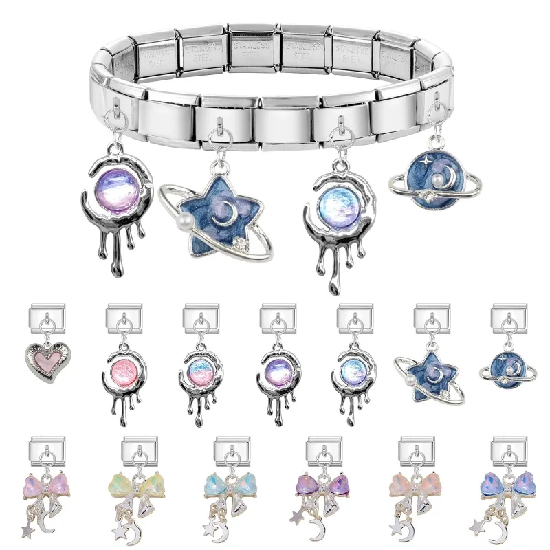 New Y2K Colorful Bow Knot Moon Star Pendant Italian Charm Link Fit 9MM Bracelet Stainless Steel Women Men DIY Making