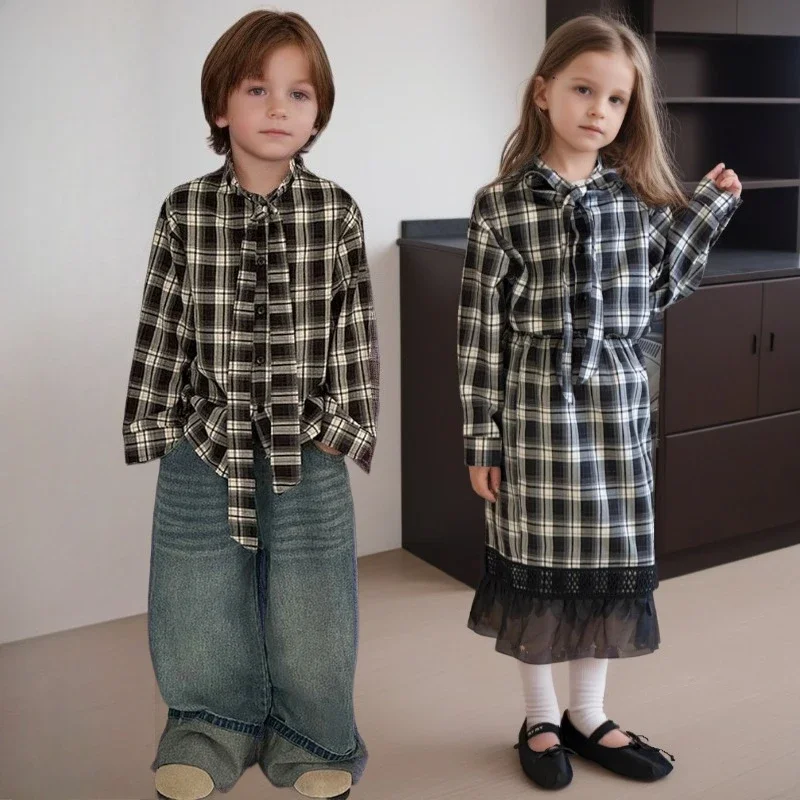 

Girls Plaid Set Autumn Fashion Long-sleeved Shirt Skirt 2-piece Teen Kids Boutique Outfits Casual Versatile School Boys Clothes