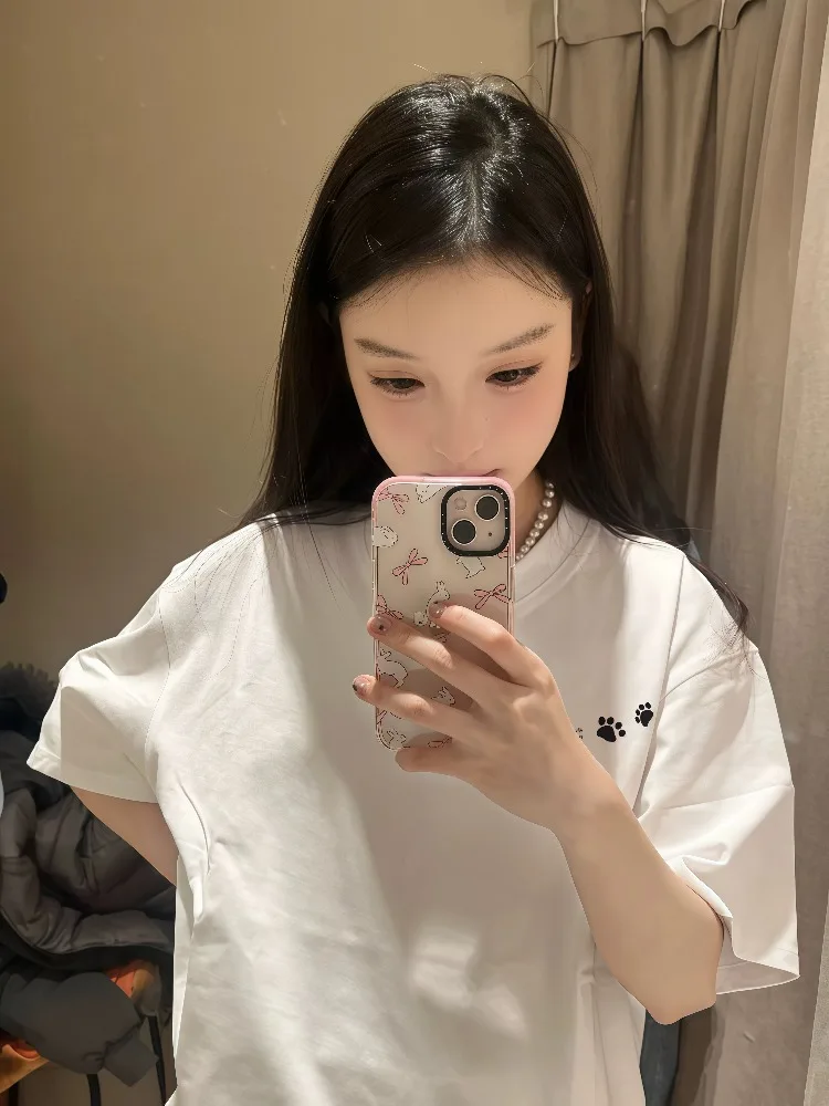 Cute Dog Claw Print T-shirt Women's 2025 Summer New 100% Cotton Short sleeve Loose Casual T-shirt Y2k Tops kawaii Female clothes