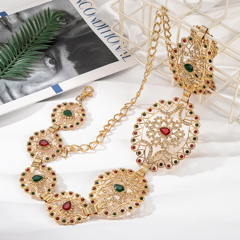 

Ornate Gold Filigree Waist Belt With Colorful Gemstones,Luxurious Wedding Accessory For Ethnic Bridal Outfits Festive Ceremonies