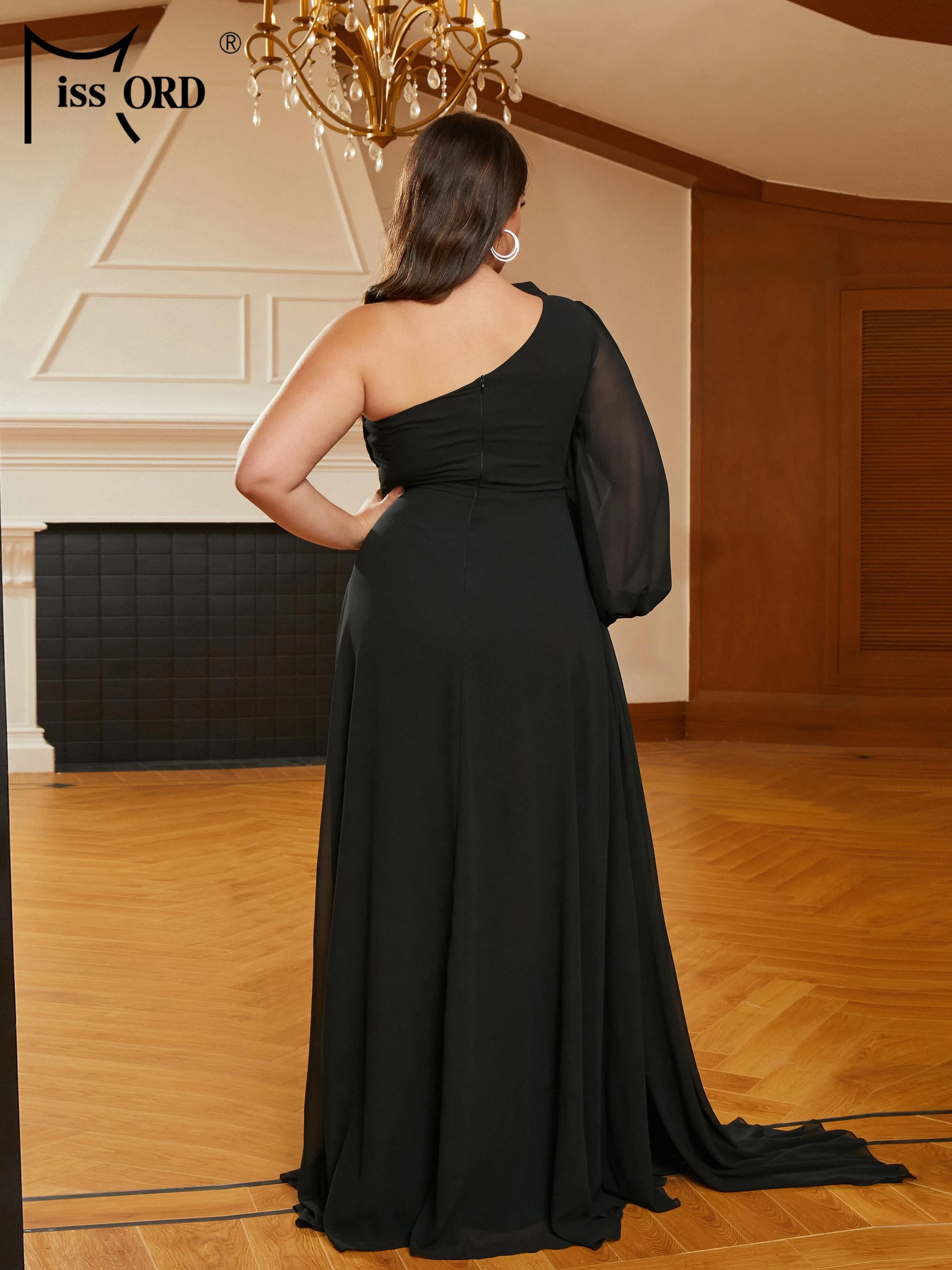 Missord New Plus Size Black Floral Ruched One Shoulder A-Line Evening Prom Dress