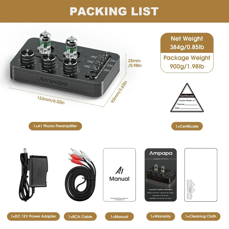 Ampapa A1 HIFI GE5654 Vacuum Tube Phono Preamp for Turntables