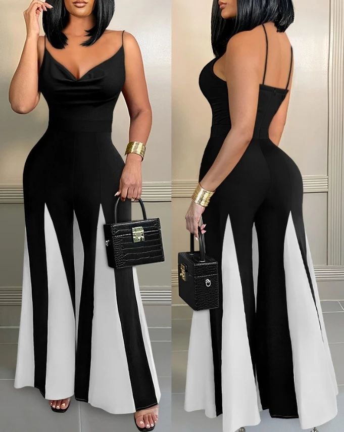 

Jumpsuit Women 2024 Summer Fashion Colorblock Cowl Neck Spaghetti Strap Casual High Waist Daily Long Wide Leg Jumpsuit