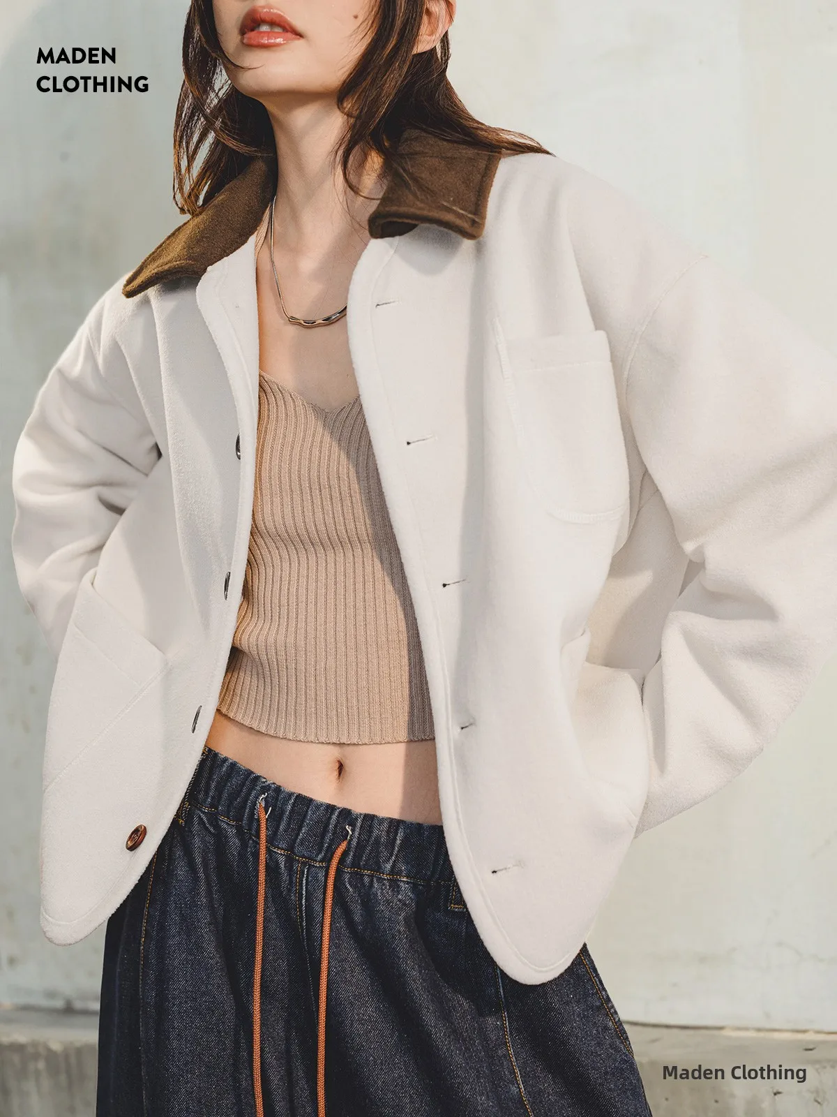 

Maden Retro Woolen Jaet Ele Turn-down Collar Casual Coat ort Top for Women in Autumn And Winter Thiened Polyester F...