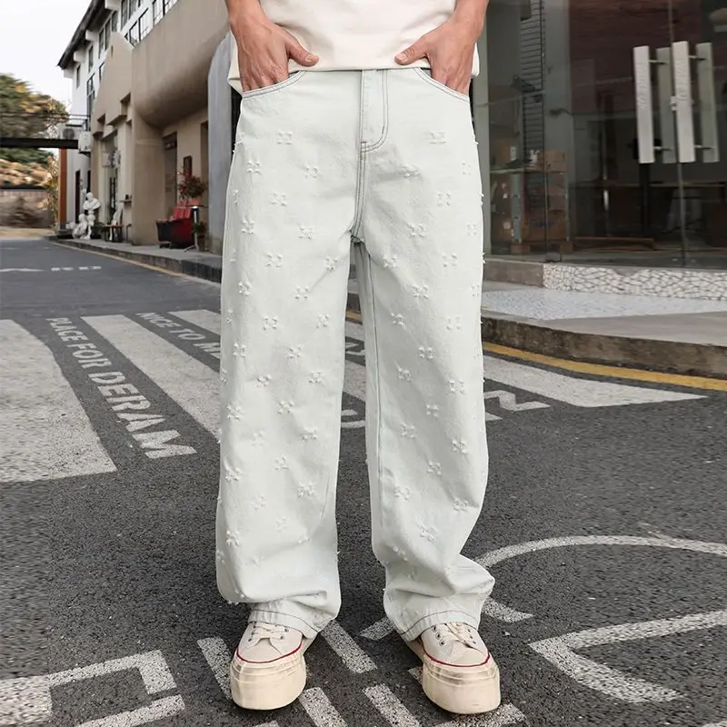 

Summer Casual Streetwear Men's Jacquard Jeans Baggy Fit Top Quality Denim Pants