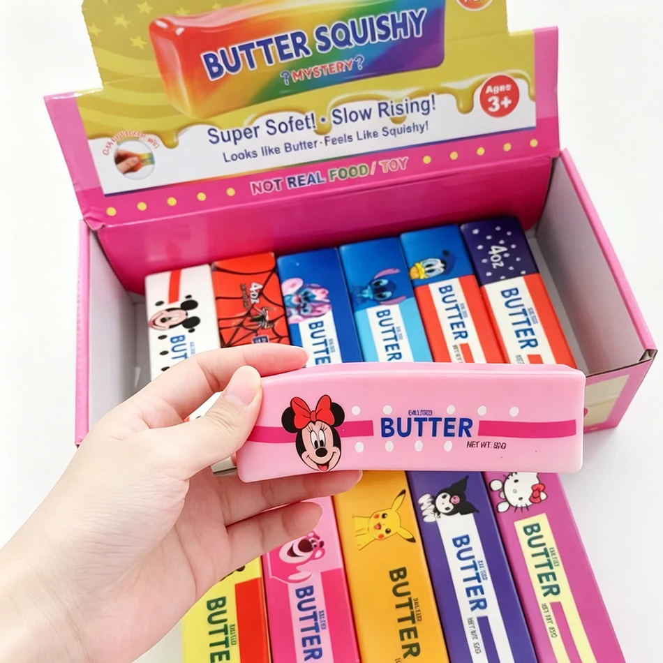 12PCS Full Box Cartoon Series Soft Butter Squishy, Soft Silicone Butter Stick Squeeze Toy, Party Favor Mini Gifts