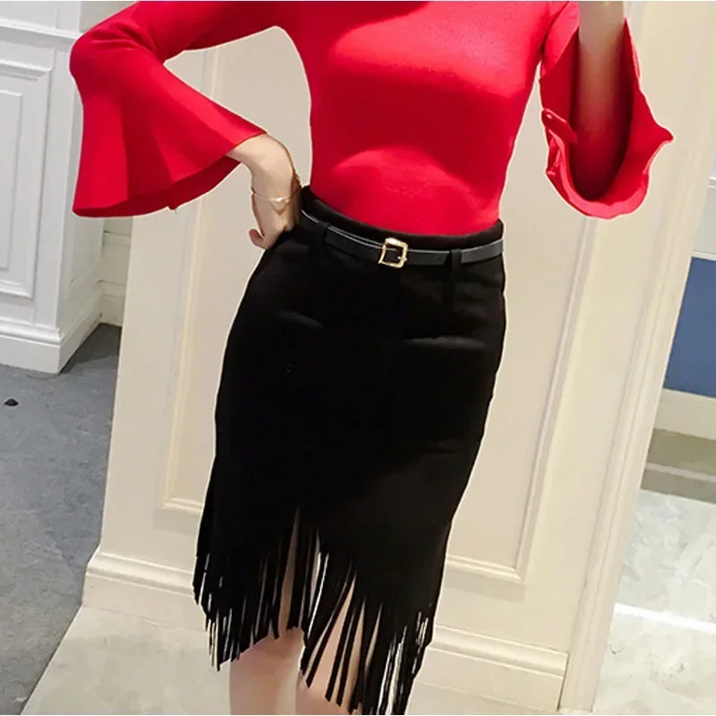 Women\'s Irregular Tassel Skirt High Waist Bodycon Pencil Midi Skirt Office Slim Sexy Suede Skirts For Women Spring Summer C487