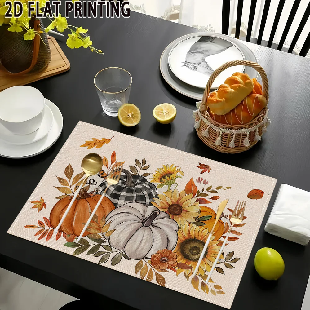 Autumn Pumpkin & Sunflower Placemats Suitable for Thanksgiving Farmhouse Table Mats with Fall Harvest Decor Polyester Rectang