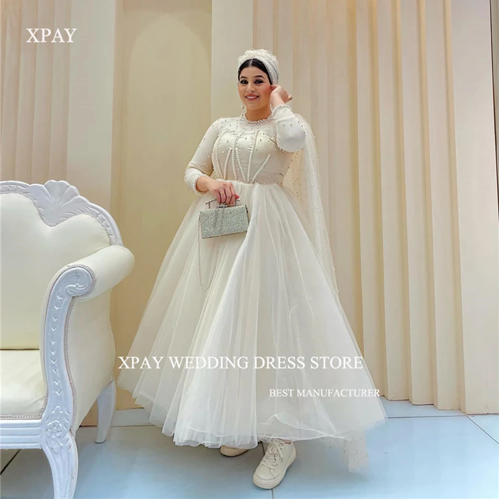 

XPAY Modest Arabic Dubai Women Evening Dresses Wedding Dress Pearls Tulle O-Neck Long Sleeves Ankle Length Prom Occasion Gowns