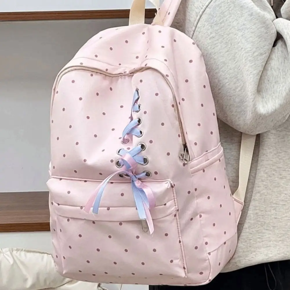 Casual Bow Dot Backpack Daypack Durable Students School Bag Polyester Fixed Webbing Nylon Backpack School