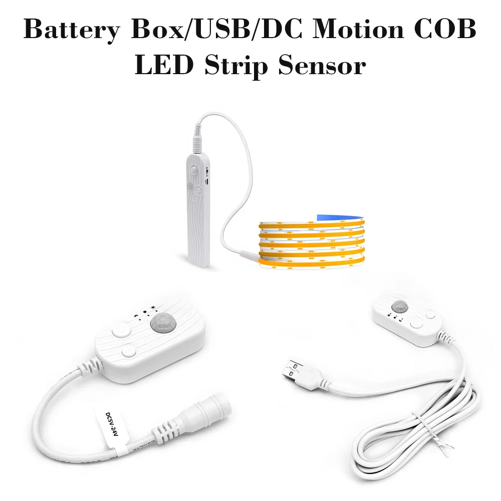 5V LED Strip Battery Box USB DC Motion Sensor  COB LED Strip Light 1m 2m 3m Length Flexible Dimmable Light For Decor