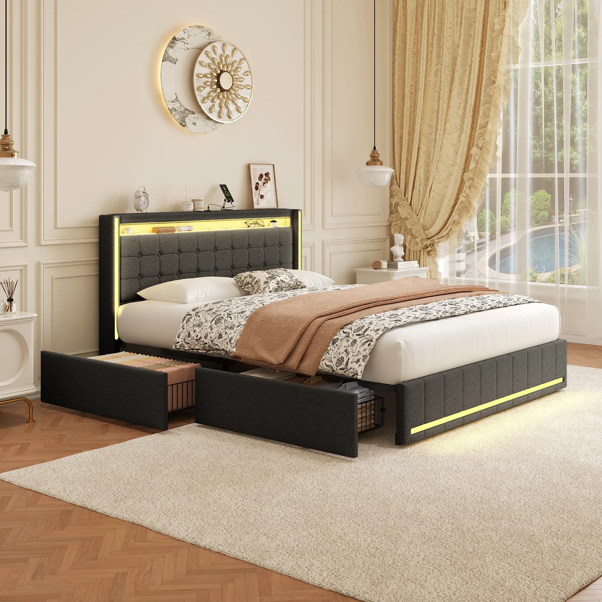 Modernes, gepolstertes Bett, LED-Doppelbettgestell mit 4 Schubladen, 140/160 x 200 cm, mit USB-Anschlüssen, ohne Matratze.