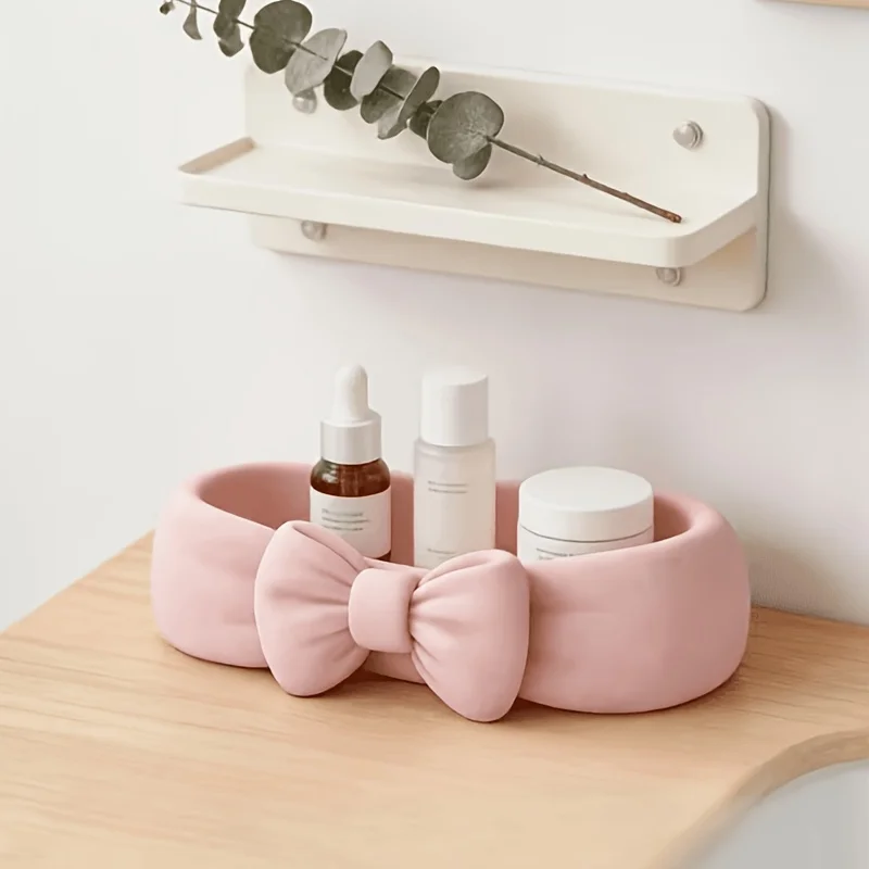 Cute Bow Bathroom Desk Organizer Pink Makeup Desk Tray Cute Toothbrush and Skincare Storage Box