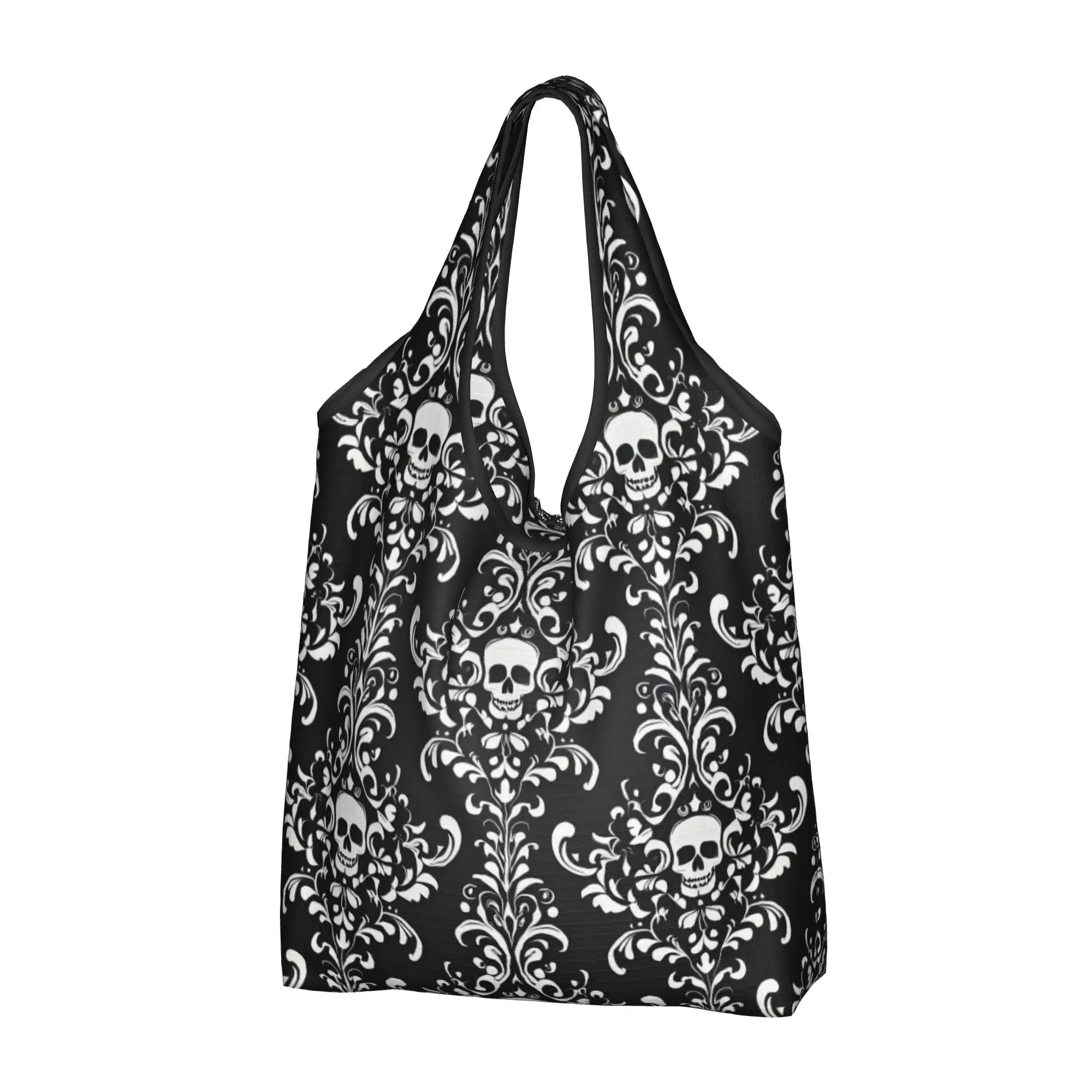 Recycling Gothic Black Skull Damask Print  Shopping Bag Women Tote Bag Portable  Grocery Shopper Bags