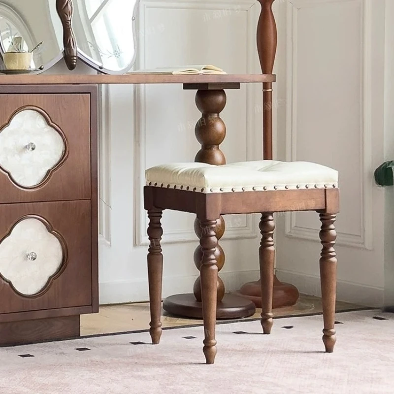 Solid Wood Upholstered Vanity Stool Retro Mid‑Century Makeup Chair French Padded Dressing Bench Decorative Household Wooden Seat