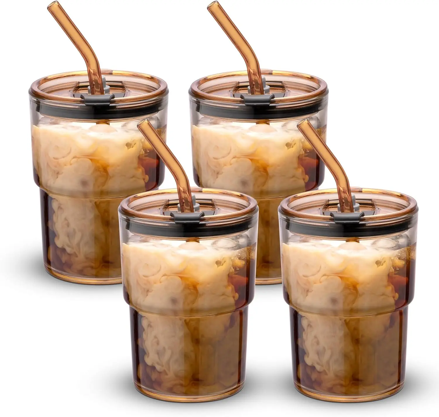 

Набор из 4-х термостаканов из двойного стекла (13 унций) с крышкой и соломинкой, янтарные, для кофе и напитков со льдом
