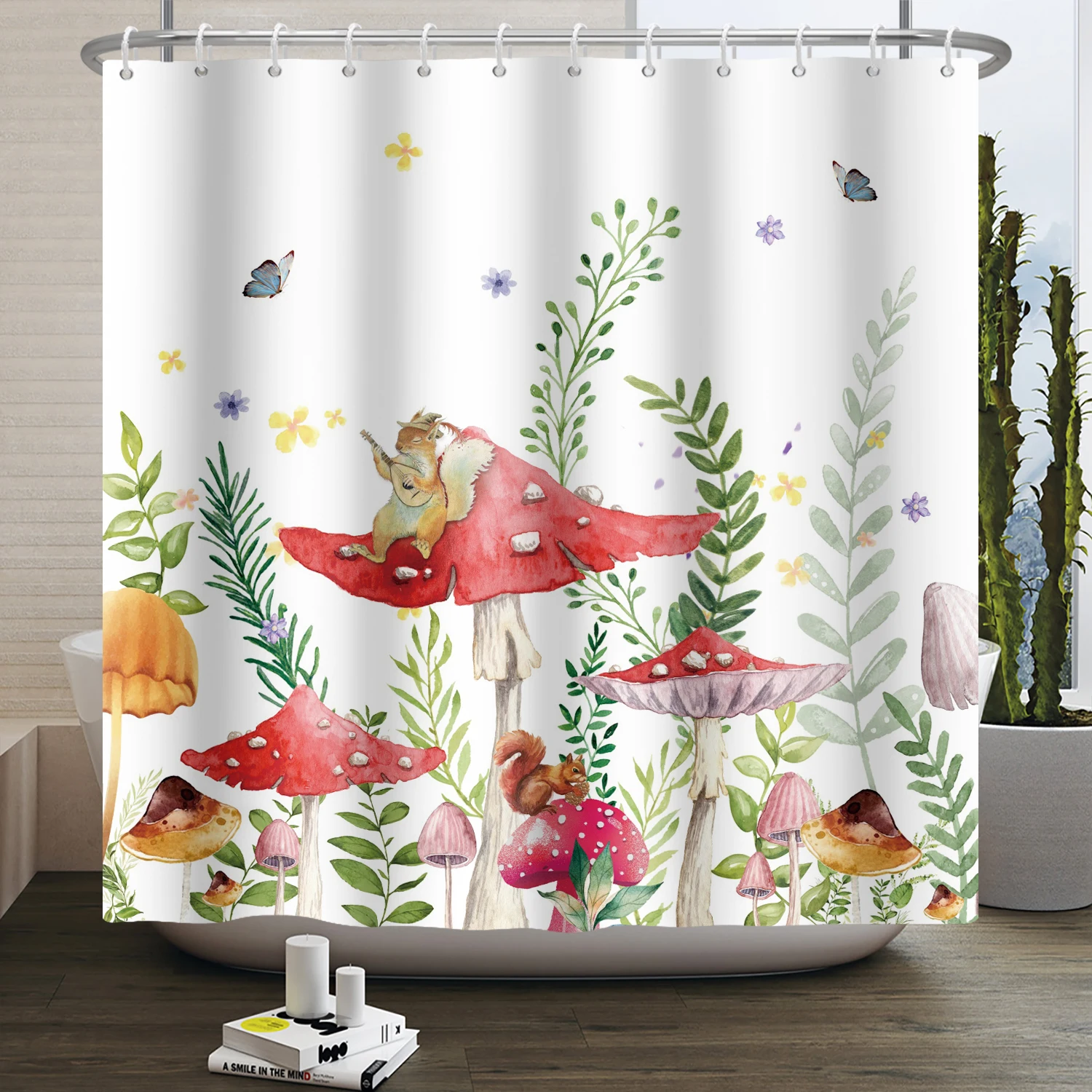 Mushroom Shower Curtain Flower Green Leaf Plant Forest Butterfly Botanical Floral Squirrel Aesthetic Waterproof Bathroom Curtain