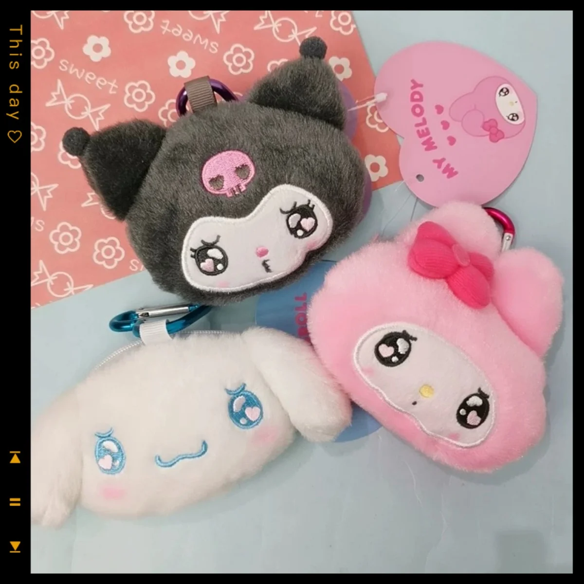 

sanrio anime keychain wallet cinnamoroll my melody heart button bag portable storage card bag coin bag women birthday gift