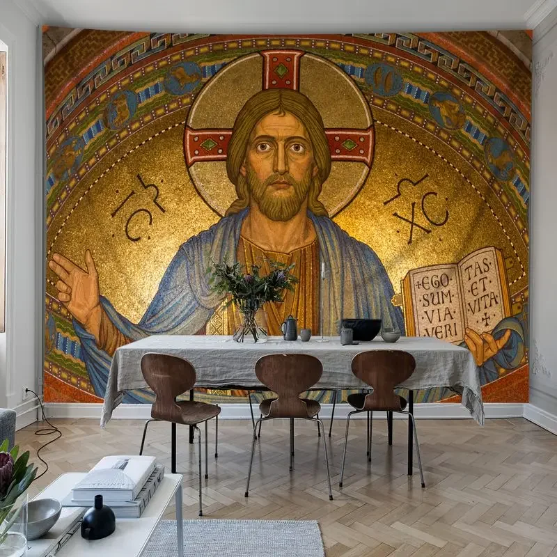 VIKAMA Byzantine Jesus Icon Tapestry Gold Mosaic Religious Spiritual Wall Art Christian Hanging for Bedroom Living Room Prayer