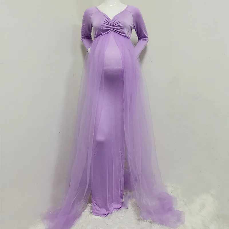 2020 Summer Maternity Tulle Long Dresses Baby Shower Cotton Dress Stretchy Pregnancy Photography Dress with Cape Long Train