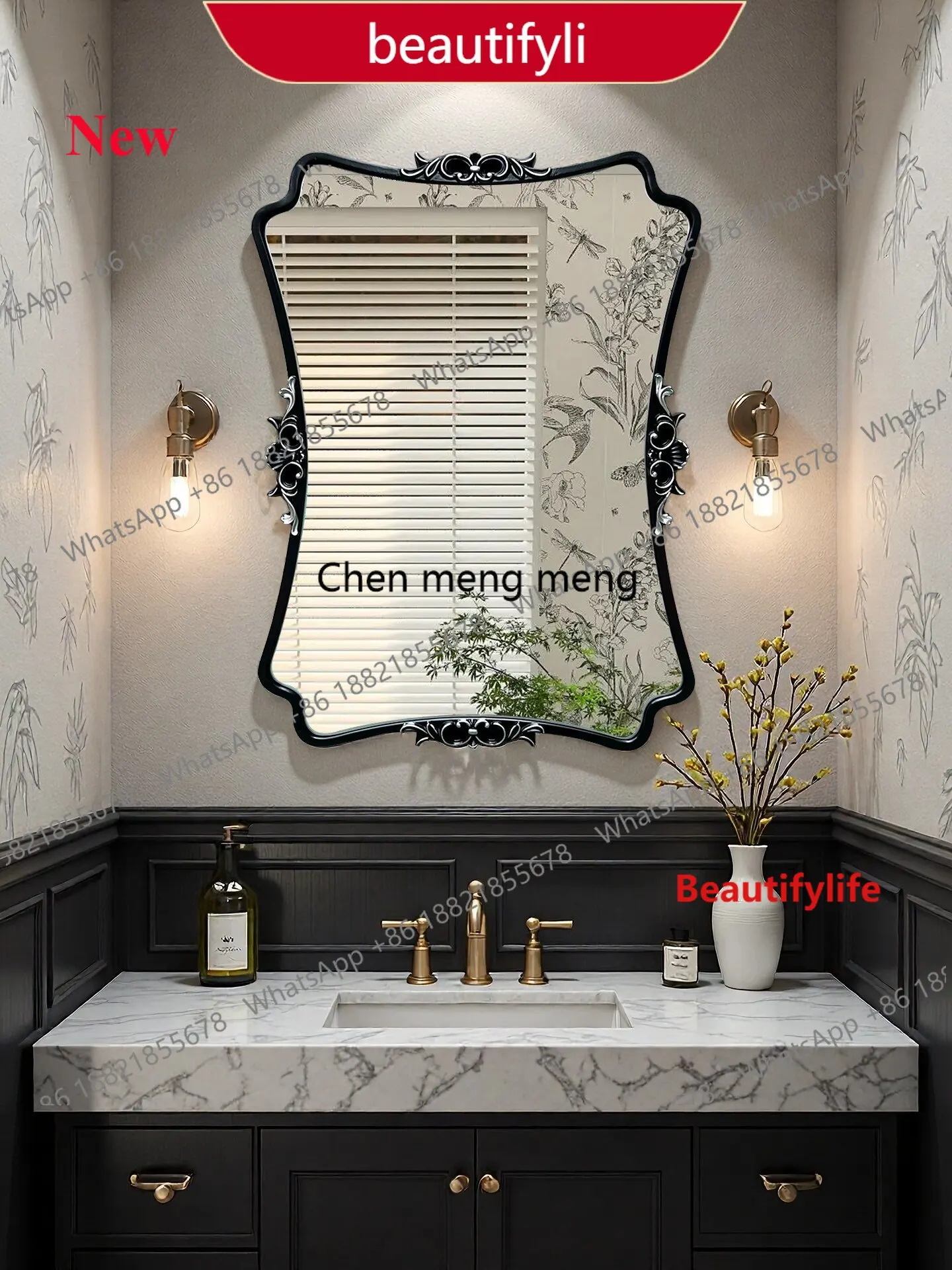 Französischer Retro-Spiegel mit Schnitzereien, Badezimmerspiegel, Toilettenspiegel, dekorativer Spiegel für das Wohnzimmer AA17