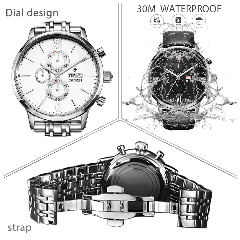 Luxury Watches Men Stainless Steel Large Dial Waterproof Hand Clock Boy Leather Strap Original Brand Male Wristwatches Black