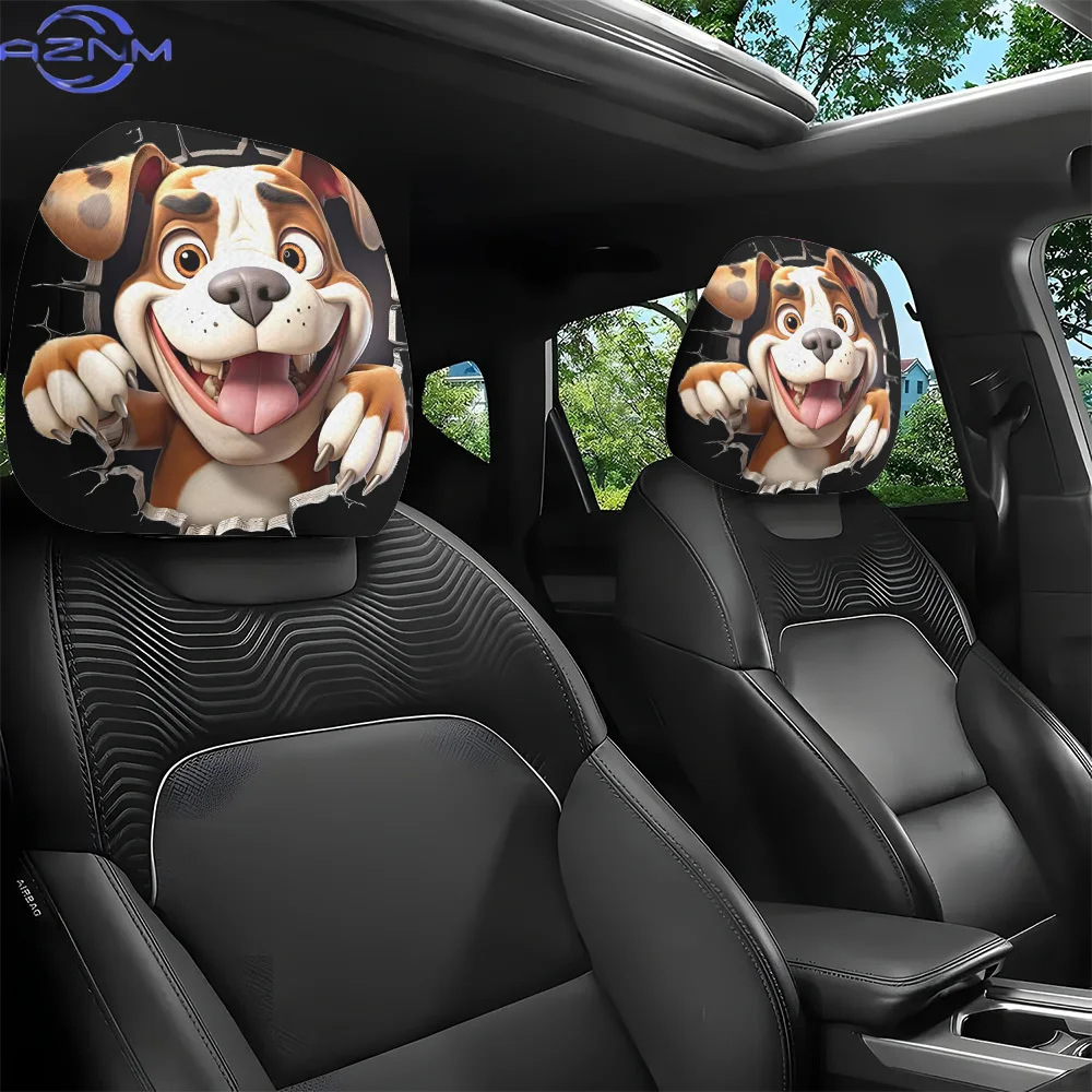 A 2pcs Set Featuring a Cartoonish Bulldog Breaking Through a Wall Print for Car Headrest Covers, Designed for Interior Decorat