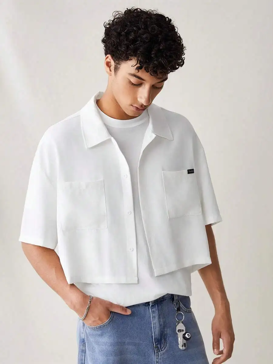 

Men's Loose Fit Short Sleeve Button-Up Shirt with Chest Pockets