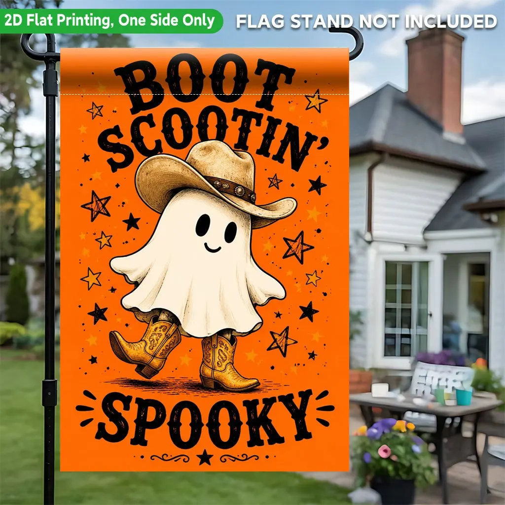 2D Flat - 2D Flat Printing Garden Flag 1pc, Adorable Ghost with Cowboy Hat Single-Sided Printed Garden Flag, Suitable for Party Outdoor Indoor Home Decor Garden Flag, for party Decoration Supplies, for Lawn, Garden Decor, Flagpole Not Included view 4