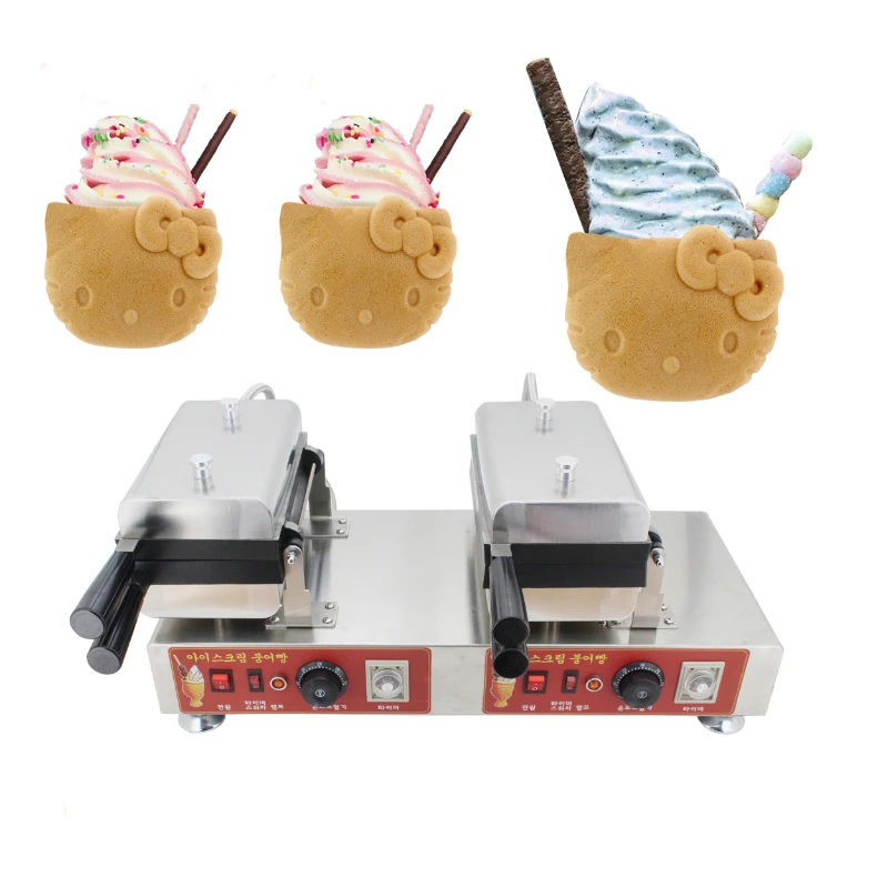 Commercial snack taiyaki machines waffle maker with CE Double-mold Kitty Shape waffle maker machine