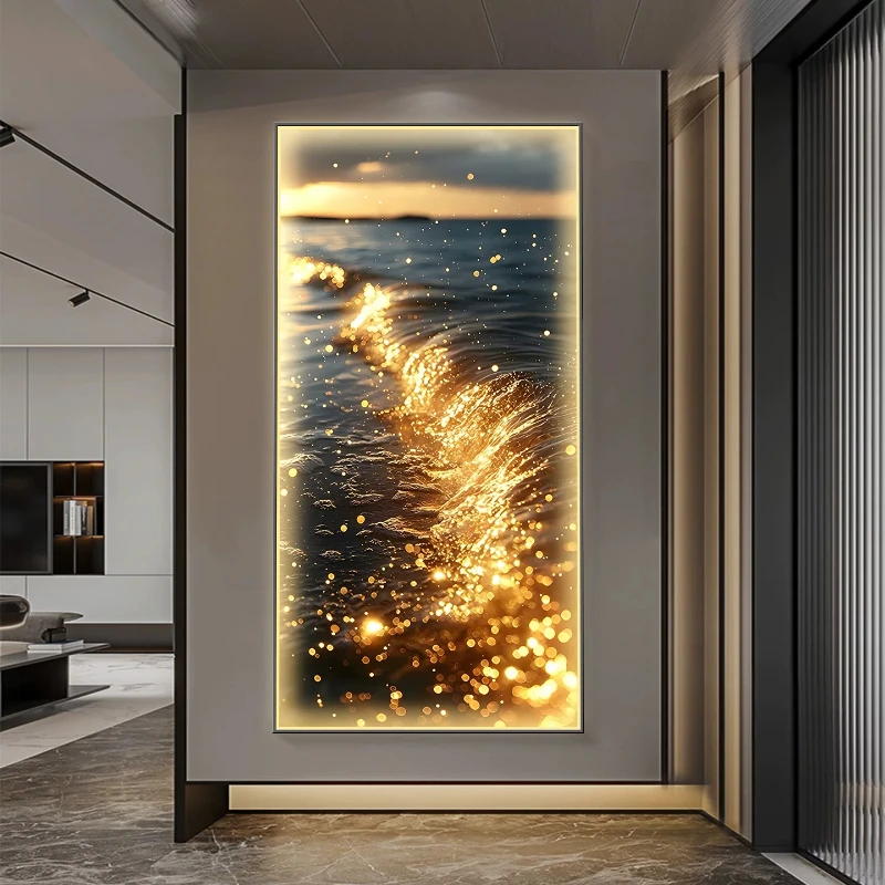 Modern Luxury Gold LED Sea Wave Abstract Lustre Mural Light Hanging Painting Wall Lamps for Entrance Living Room Corridor Decor