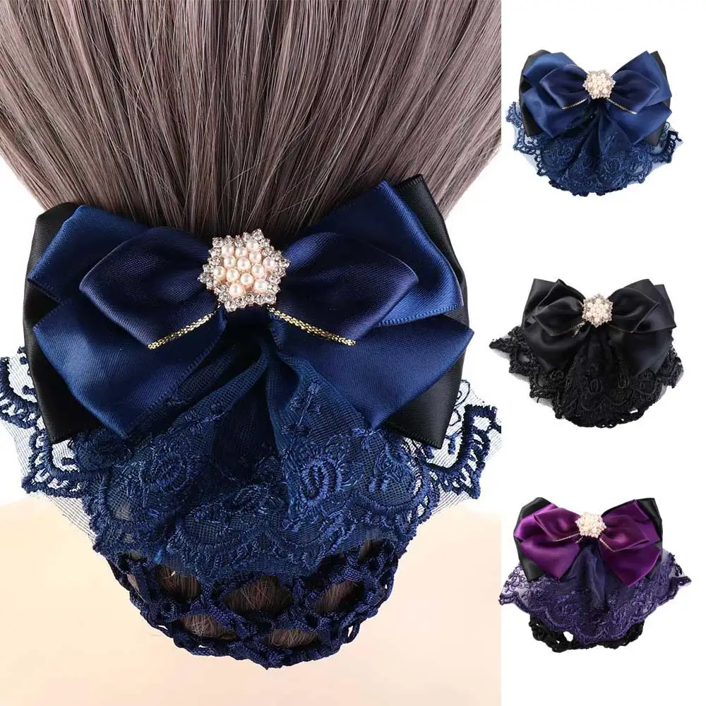 Sweet Pearl Bowknot Spring Clip Rhinestone Korean Style Bun Snood Ribbon Headwear Hair Net Cover Hotel