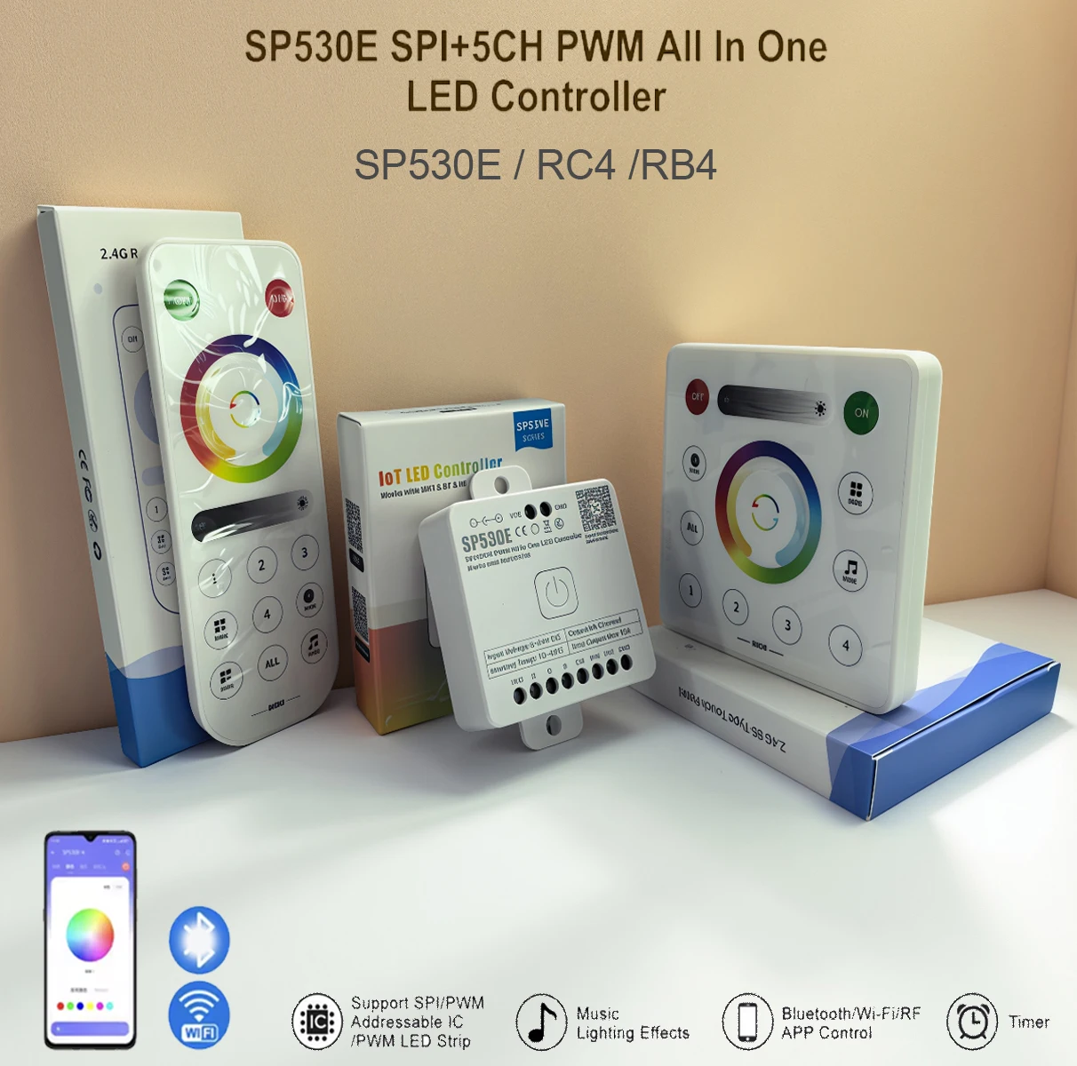 SP530E All in One LED controller WiFi-RF Bluetooth‑compatible RC4 RB4 RGBCCT Remote control For WS2811 WS2812B SPI Pixels LED
