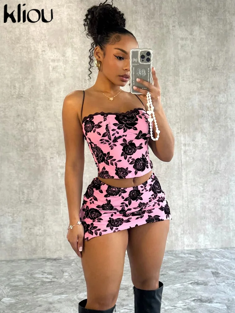 kliou Vintage Aesthetic Print 2 Piece Set Women Hipster Bow Suspendency Patchwork Tanks+High Waist Slim Skirts Female Streetwear