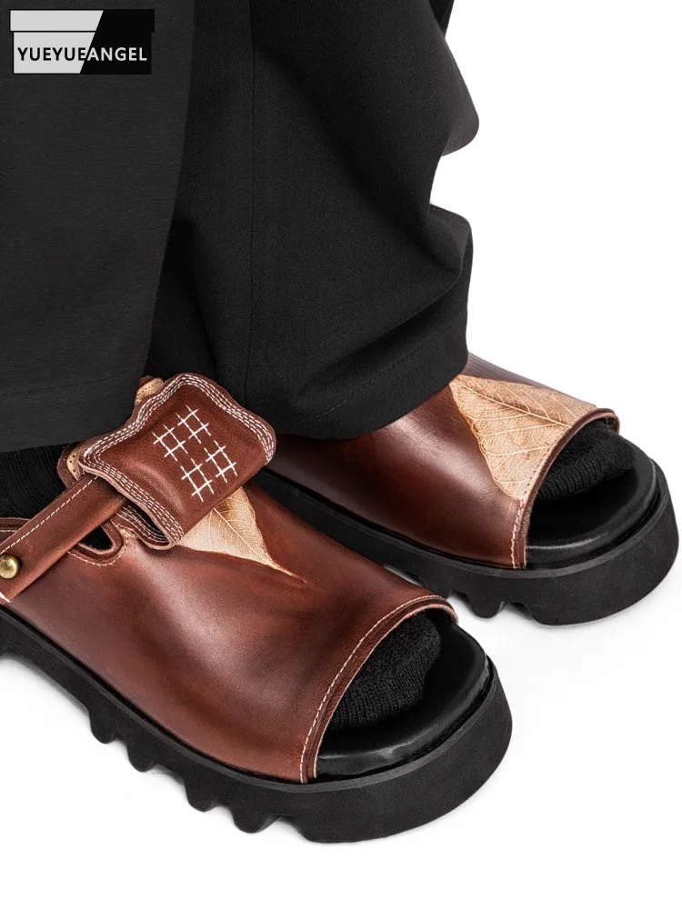 

Летние мужские сандалии для отдыха в кофе, высококачественные однотонные сандалии из воловьей кожи на платформе, увеличивающие рост, с пряжкой и ремешком, с открытым носком, полые сандалии