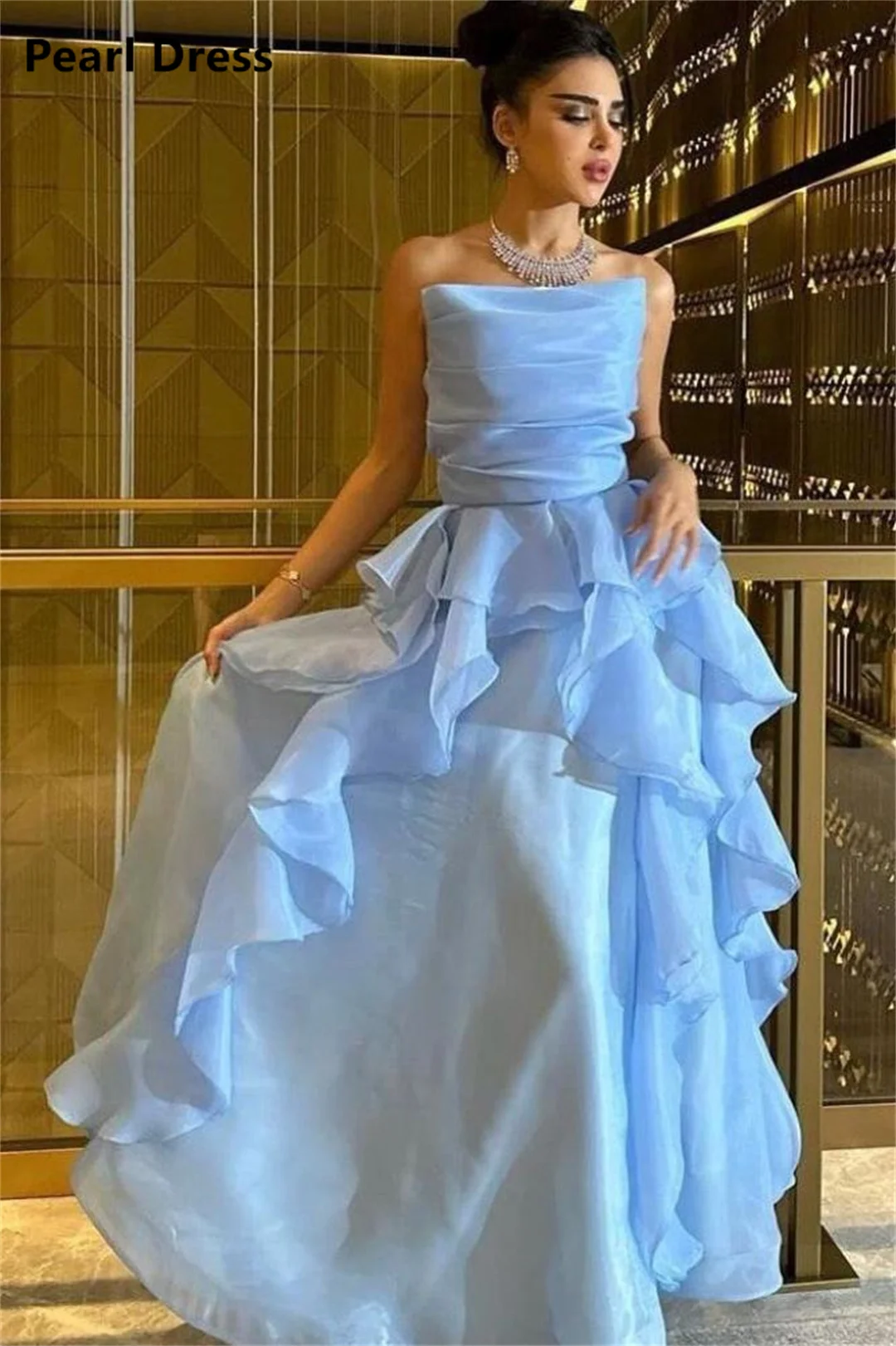 

Pearl Organza Elegant Evening Dresses for Women Luxury Women Evening Dress Women Elegant Party Custom Made Sky Blue Layered Prom