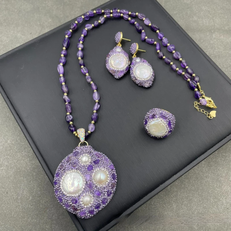 

New Baroque freshwater pearl inlaid amethyst set necklace exquisite fashion women's wedding banquet jewelry accessories