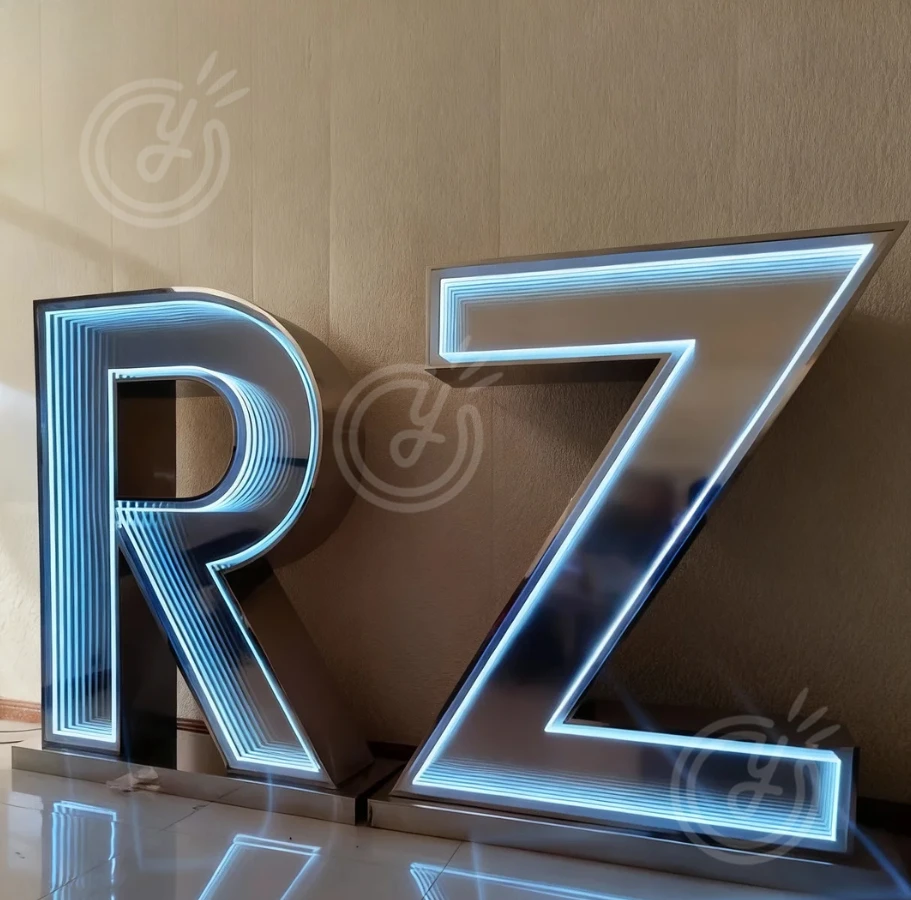Custom 3D Infinite Mirror Sign Logo Wall Company Infinite Business Mirror Metal Waterproof Letters Acrylic LED Luminous Lighting