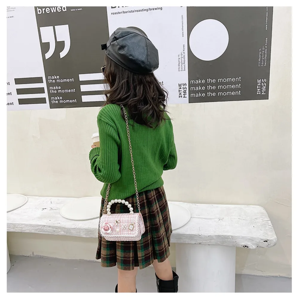 Flower Decoration Small Square Bag Fashion Pearl Handle Mini Kid\'s Handbag Korean Style Shoulder Bag Children