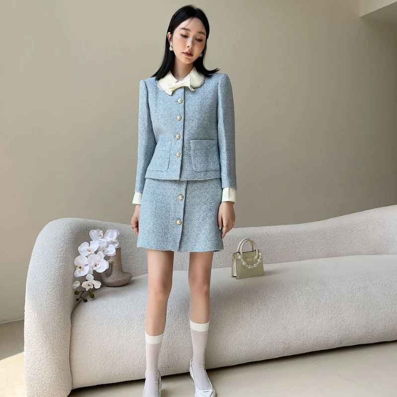 Autumn French Sequins Bow Long Sleeve Blue Coat+ Mini Skirt Set Tweed Elegant Office Sweet Small Fragrance Two-piece Women Suit