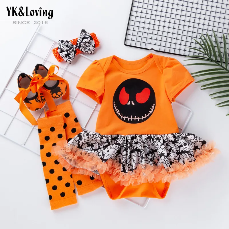 

Children's Halloween Romper Dress Toddler Shoes and Socks Set Baby Mesh Dress Spider Socks Orange Jumpsuit
