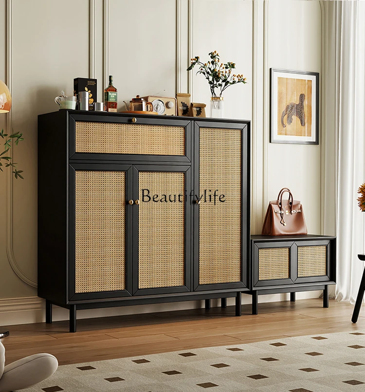 

*Nordic shoe cabinet entrance entrance American solid wood retro rattan wood color black side cabinet