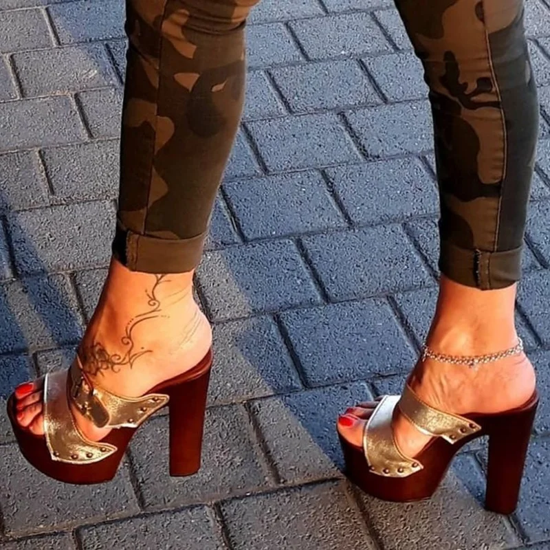 Wood Pattern Buckle Hollow Sandals Chunky Heel Peep Toe Fashionable Sexy 2024 Summer Big Size Woman Shoes Zapatillas Mujer