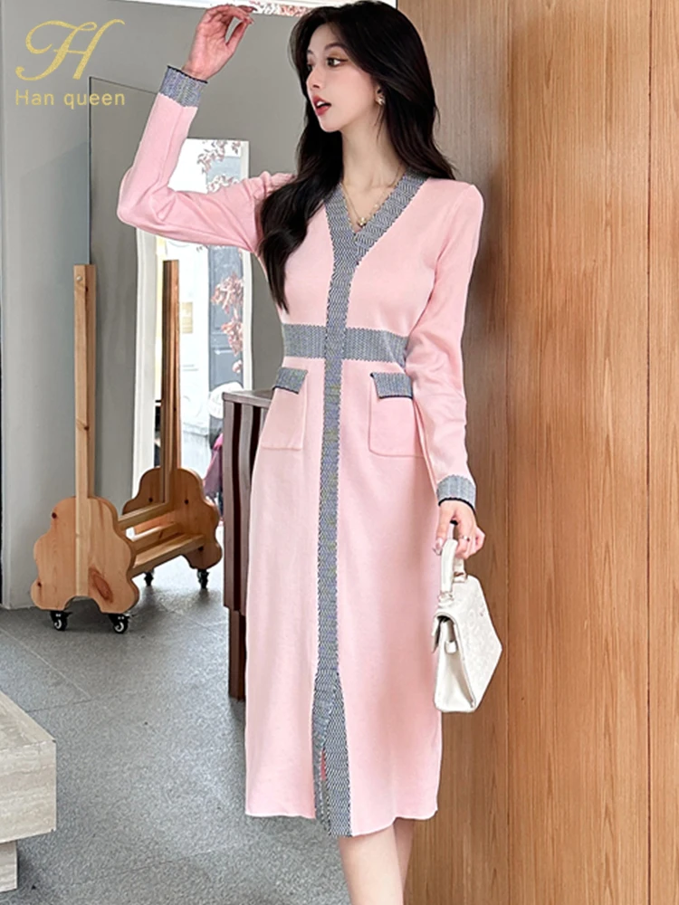 H Han Queen Autumn Winter Women Color Clash Simple Vintage Dresses Office Casual Dress Elegant Slim Bottoming Knit Midi Vestidos