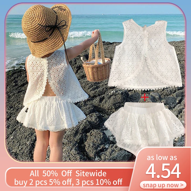Летние детские комплекты белых платьев из 2 предметов для девочек, корейская принцесса, детская юбка без рукавов, хлопковая детская одежда, одежда из двух предметов