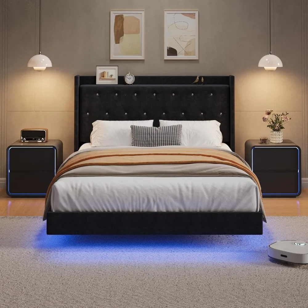 إطار سرير GarveeHome بحجم كوين مع لوح أمامي وأضواء LED، إطار سرير عائم أسود مع دعم شرائح خشبية، منجد بالكامل