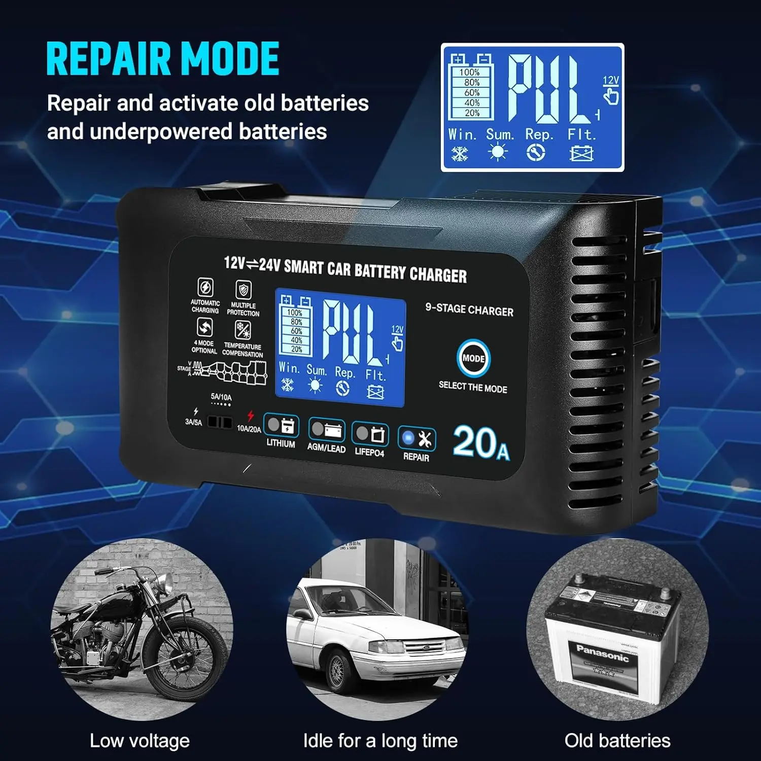 20A Smart Car Battery Charger for Lead-Acid, Lithium, LiFePO4 - Automatic Maintainer with Overcharge Protection